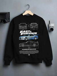 Black crewneck sweatshirt on a hanger against a grey wall, featuring Nissan Skyline R32 r32 skyline turbo racing drift jdm graphic.