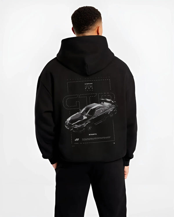 Black hoodie worn by a male model, back view, featuring Nissan 300ZX turbo turbocharged drift jdm japanese tuner street graphic.