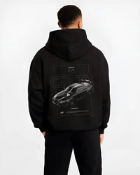 Black hoodie worn by a male model, back view, featuring Nissan 300ZX turbo turbocharged drift jdm japanese tuner street graphic.