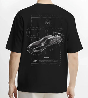 Black T-shirt worn by a male model, back view, featuring Nissan 300ZX turbo turbocharged drift jdm japanese tuner street graphic.