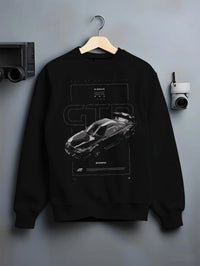 Black crewneck sweatshirt on a hanger against a grey wall, featuring Nissan 300ZX turbo turbocharged drift jdm japanese graphic.