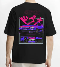 Black T-shirt worn by a male model, back view, featuring Nissan Skyline turbo racing drift jdm japanese tuner stance street graphic.