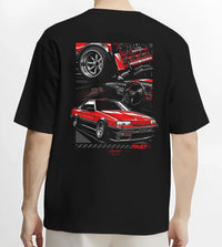Black T-shirt worn by a male model, back view, featuring Nissan Silvia turbo turbocharged racing drift jdm japanese stance graphic.