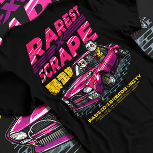 Black T-shirt laid flat with natural fabric folds, featuring Nissan 350Z turbo turbocharged racing drift jdm japanese graphic.