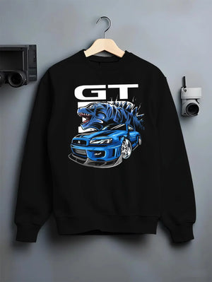 Black crewneck sweatshirt on a hanger against a grey wall, featuring Nissan GT-R R34 gt r r34 skyline turbo drift jdm graphic.