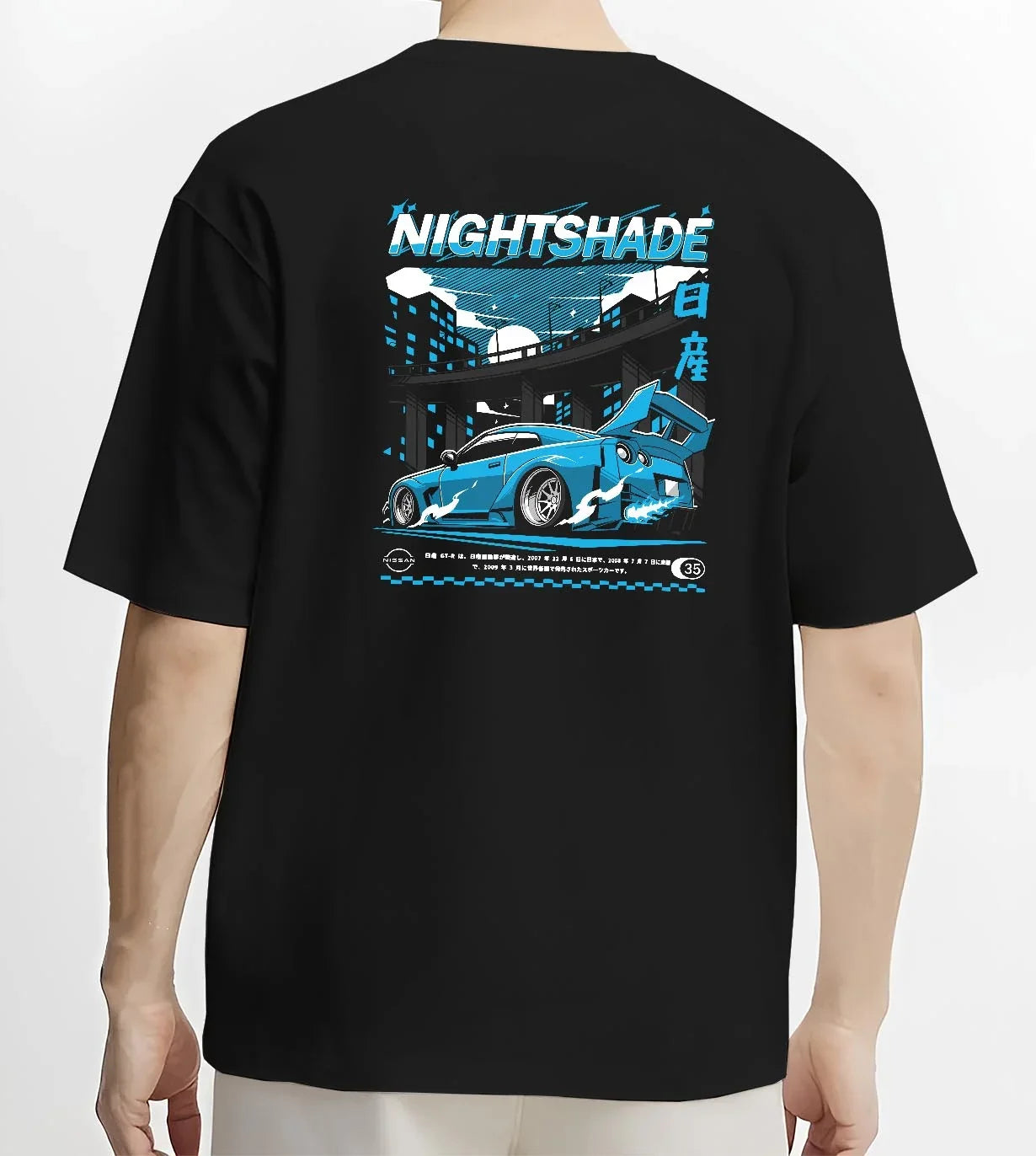Black T-shirt worn by a male model, back view, featuring Nissan GT-R R35 gt r r35 skyline racing drift jdm japanese tokyo graphic.
