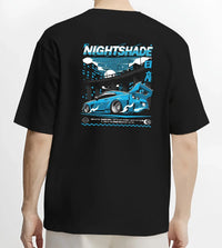 Black T-shirt worn by a male model, back view, featuring Nissan GT-R R35 gt r r35 skyline racing drift jdm japanese tokyo graphic.