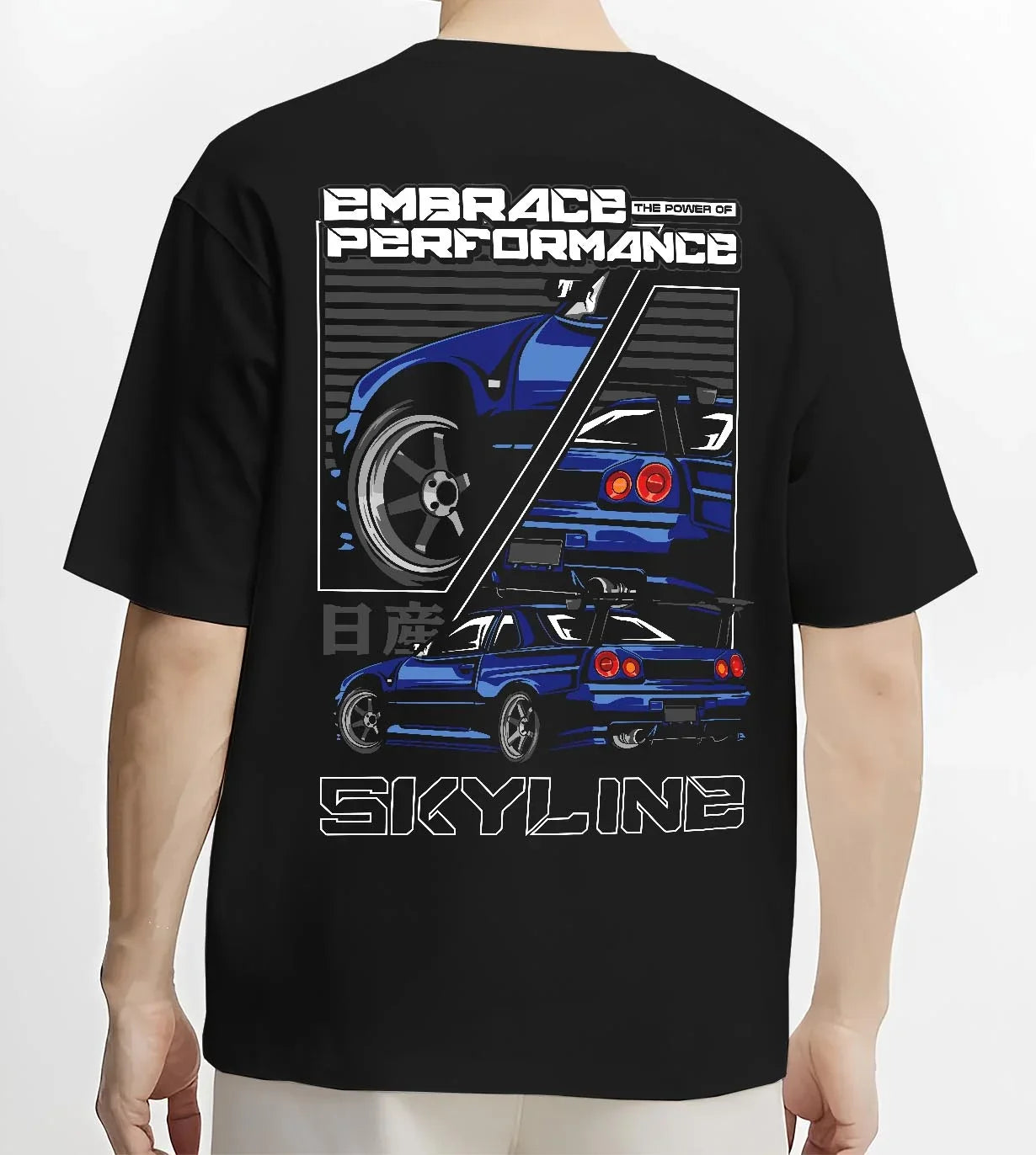 Black T-shirt worn by a male model, back view, featuring Nissan SKYLINE r32 turbo turbocharged racing drift jdm street graphic.