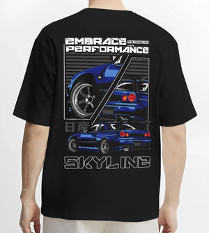 Black T-shirt worn by a male model, back view, featuring Nissan SKYLINE r32 turbo turbocharged racing drift jdm street graphic.