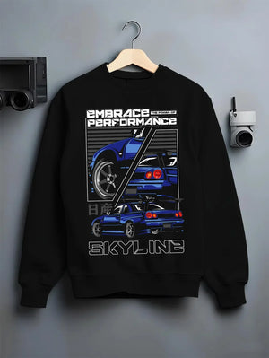 Black crewneck sweatshirt on a hanger against a grey wall, featuring Nissan SKYLINE r32 turbo turbocharged racing drift jdm graphic.