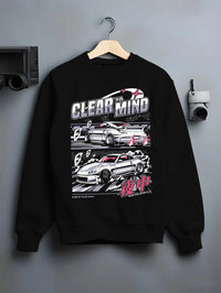 Black crewneck sweatshirt on a hanger against a grey wall, featuring Nissan race drift jdm japanese tuner street midnight graphic.