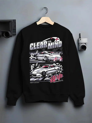 Black crewneck sweatshirt on a hanger against a grey wall, featuring Nissan race drift jdm japanese tuner street midnight graphic.