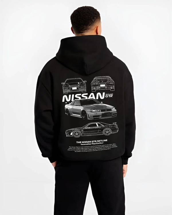 Black hoodie worn by a male model, back view, featuring Nissan Skyline R34 gtr r34 skyline drift jdm japanese tuner street graphic.