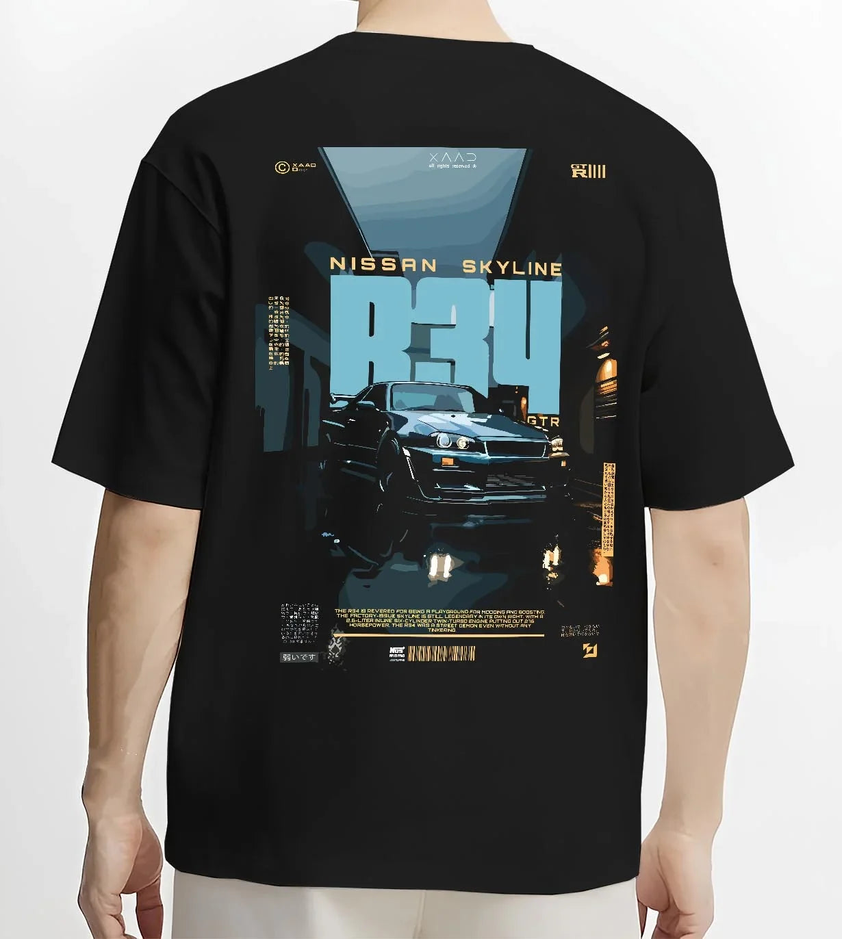 Black T-shirt worn by a male model, back view, featuring Nissan Skyline R34 r34 skyline turbo racing drift jdm japanese graphic.