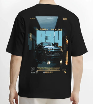 Black T-shirt worn by a male model, back view, featuring Nissan Skyline R34 r34 skyline turbo racing drift jdm japanese graphic.
