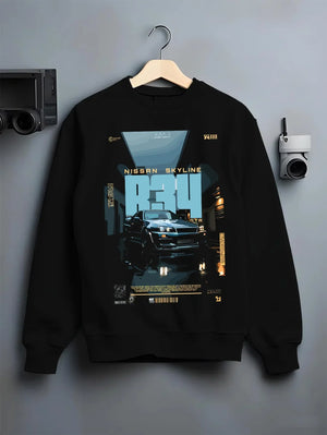 Black crewneck sweatshirt on a hanger against a grey wall, featuring Nissan Skyline R34 r34 skyline turbo racing drift jdm graphic.