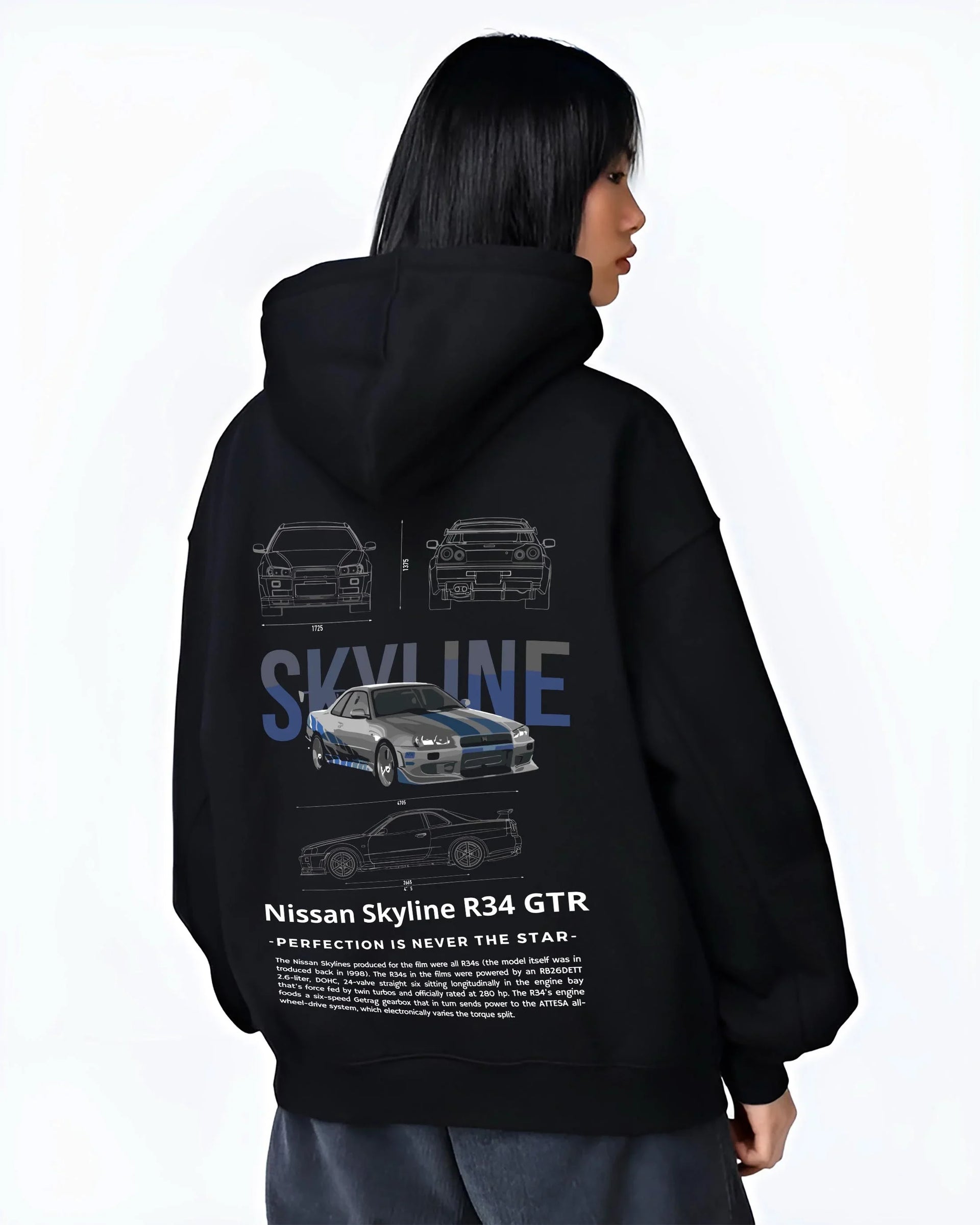 Black hoodie worn by a female model, back view, featuring Nissan Skyline R34 r34 skyline drift jdm japanese tuner graphic.