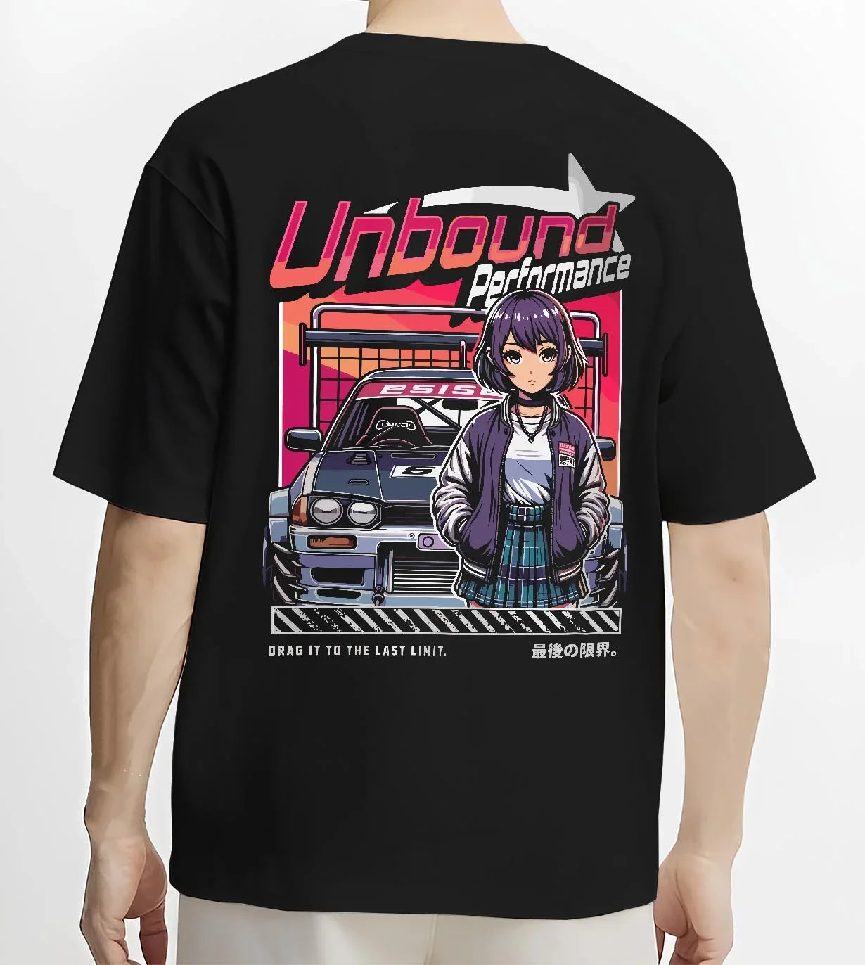 Black T-shirt worn by a male model, back view, featuring SKYLINE racing drift jdm japanese street performance motorsport graphic.