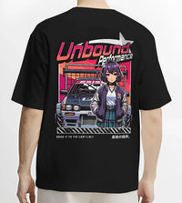 Black T-shirt worn by a male model, back view, featuring SKYLINE racing drift jdm japanese street performance motorsport graphic.