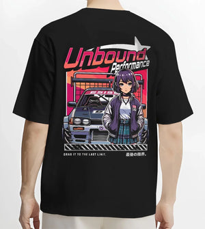 Black T-shirt worn by a male model, back view, featuring SKYLINE racing drift jdm japanese street performance motorsport graphic.