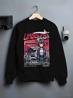 Black crewneck sweatshirt on a hanger against a grey wall, featuring SKYLINE racing drift jdm japanese street performance graphic.