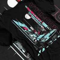Black T-shirt laid flat with natural fabric folds, featuring Nissan GT-R gtr skyline racing drift jdm japanese street graphic.