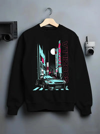 Black crewneck sweatshirt on a hanger against a grey wall, featuring Nissan GT-R gtr skyline racing drift jdm japanese graphic.