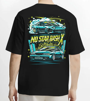 Black T-shirt worn by a male model, back view, featuring STI street racing performance motorsport automotive enthusiast graphic.