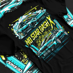 Black T-shirt laid flat with natural fabric folds, featuring STI street racing performance motorsport automotive enthusiast graphic.