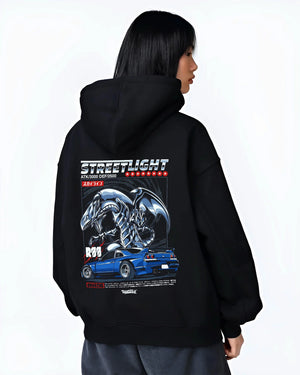 Black hoodie worn by a female model, back view, featuring Nissan GT-R gt r turbo racing drift jdm japanese street graphic.