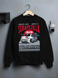 Black crewneck sweatshirt on a hanger against a grey wall, featuring Nissan 350Z rs turbo racing drift motorsport jdm graphic.