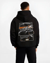 Black hoodie worn by a male model, back view, featuring Nissan Silvia rs turbo racing drift motorsport jdm japanese street graphic.