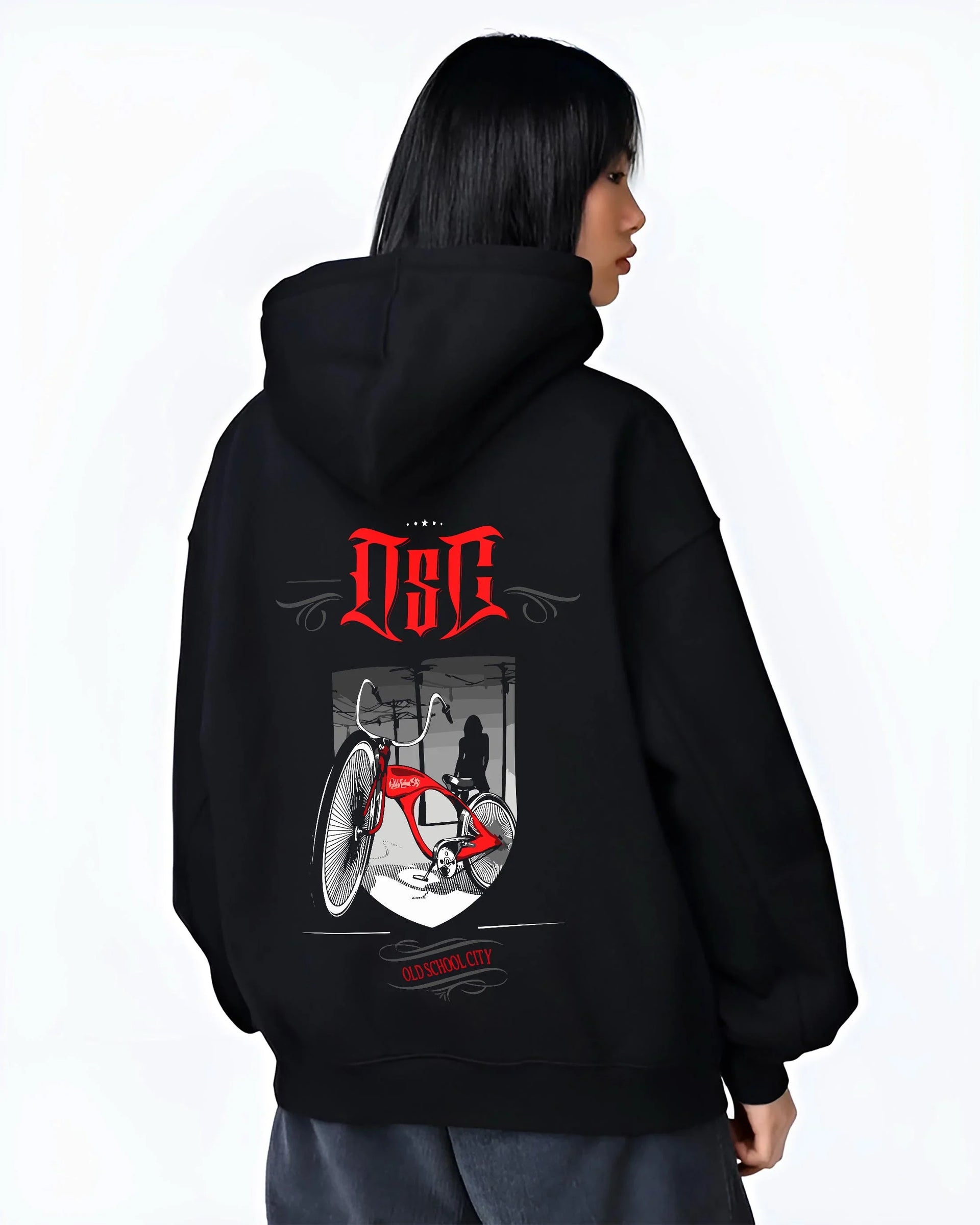 Black hoodie worn by a female model, back view, featuring street retro racing performance motorsport automotive enthusiast osclwb.