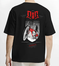 Black T-shirt worn by a male model, back view, featuring street retro racing performance motorsport automotive enthusiast osclwb.