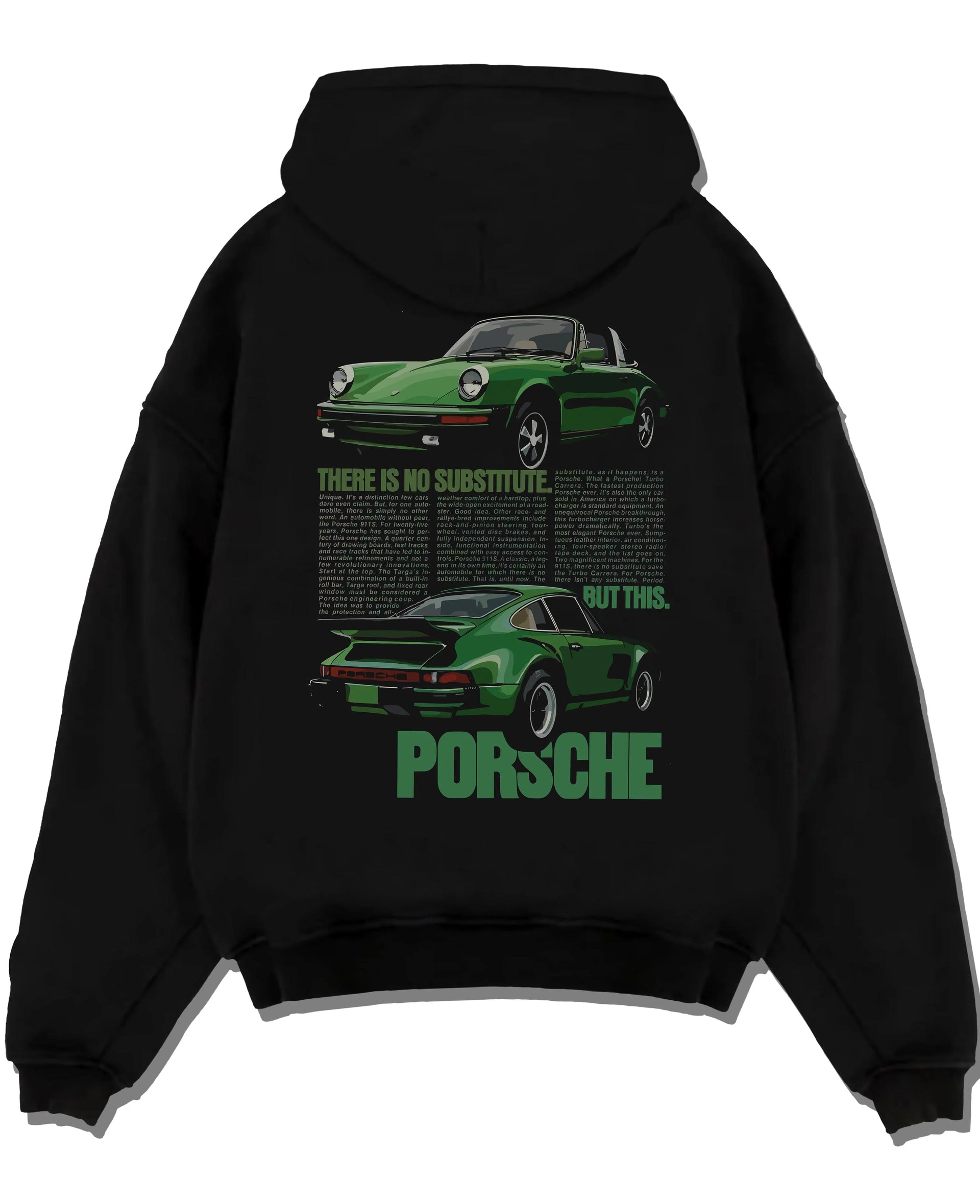 Black pullover hoodie laid flat on a white background, featuring Porsche 911 rs street retro vintage classic enthusiast graphic.