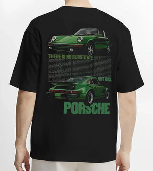 Black T-shirt worn by a male model, back view, featuring Porsche 911 rs street retro vintage classic enthusiast graphic.