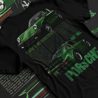 Black T-shirt laid flat with natural fabric folds, featuring Porsche 911 rs street retro vintage classic enthusiast graphic.