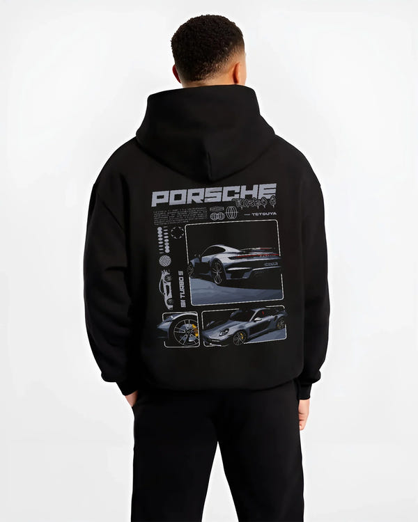 Black hoodie worn by a male model, back view, featuring Porsche 911 Turbo S rs 911 turbo racing motorsport street graphic.