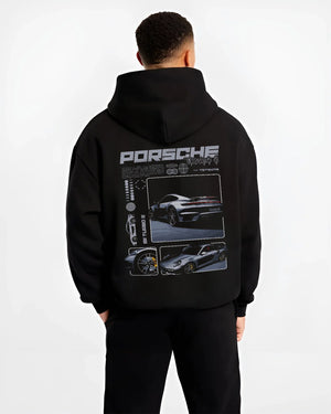 Black hoodie worn by a male model, back view, featuring Porsche 911 Turbo S rs 911 turbo racing motorsport street graphic.