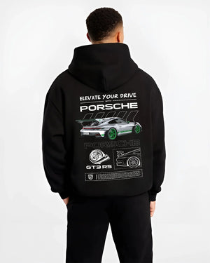 Black hoodie worn by a male model, back view, featuring Porsche Boxster rs racing german tuner street classic graphic.
