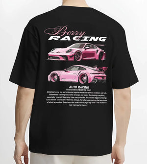 Black T-shirt worn by a male model, back view, featuring Porsche gt3 rs turbo turbocharged racing german tuner street graphic.