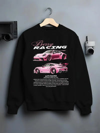 Black crewneck sweatshirt on a hanger against a grey wall, featuring Porsche gt3 rs turbo turbocharged racing german tuner graphic.