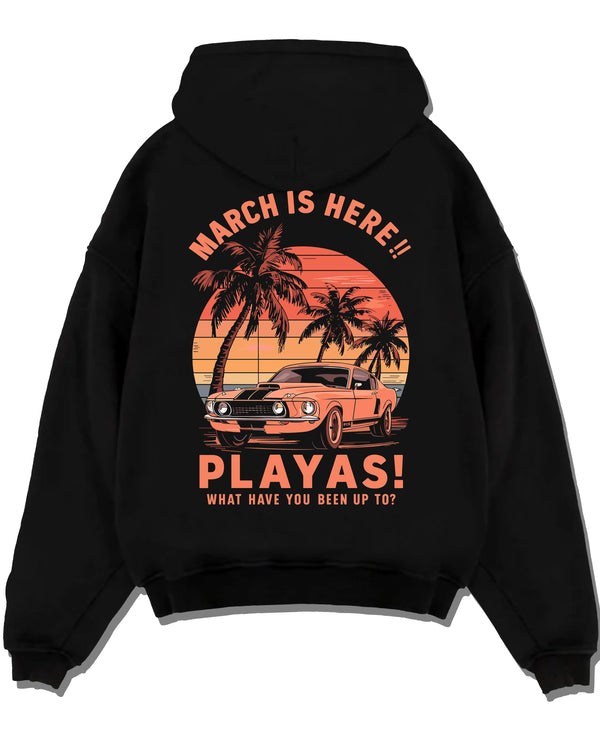 Black pullover hoodie laid flat on a white background, featuring STI street racing performance motorsport automotive playas.