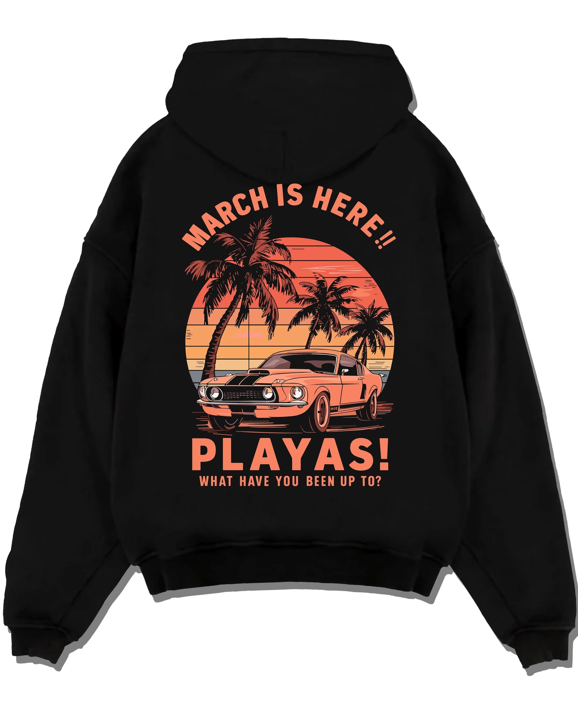Black pullover hoodie laid flat on a white background, featuring STI street racing performance motorsport automotive playas.
