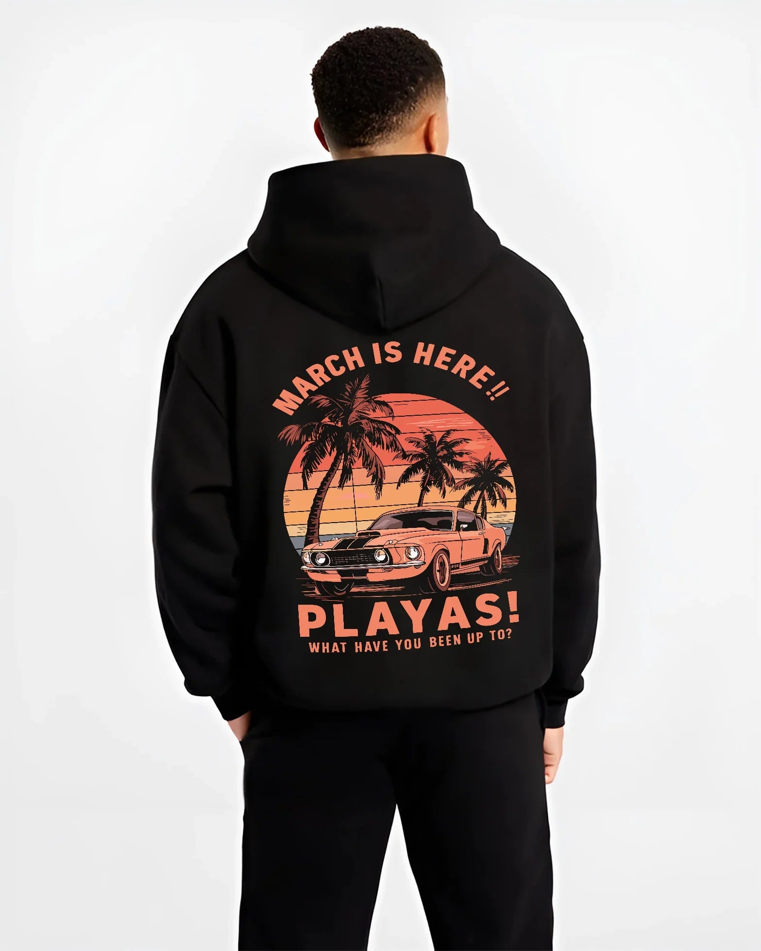 Black hoodie worn by a male model, back view, featuring STI street racing performance motorsport automotive enthusiast playas.