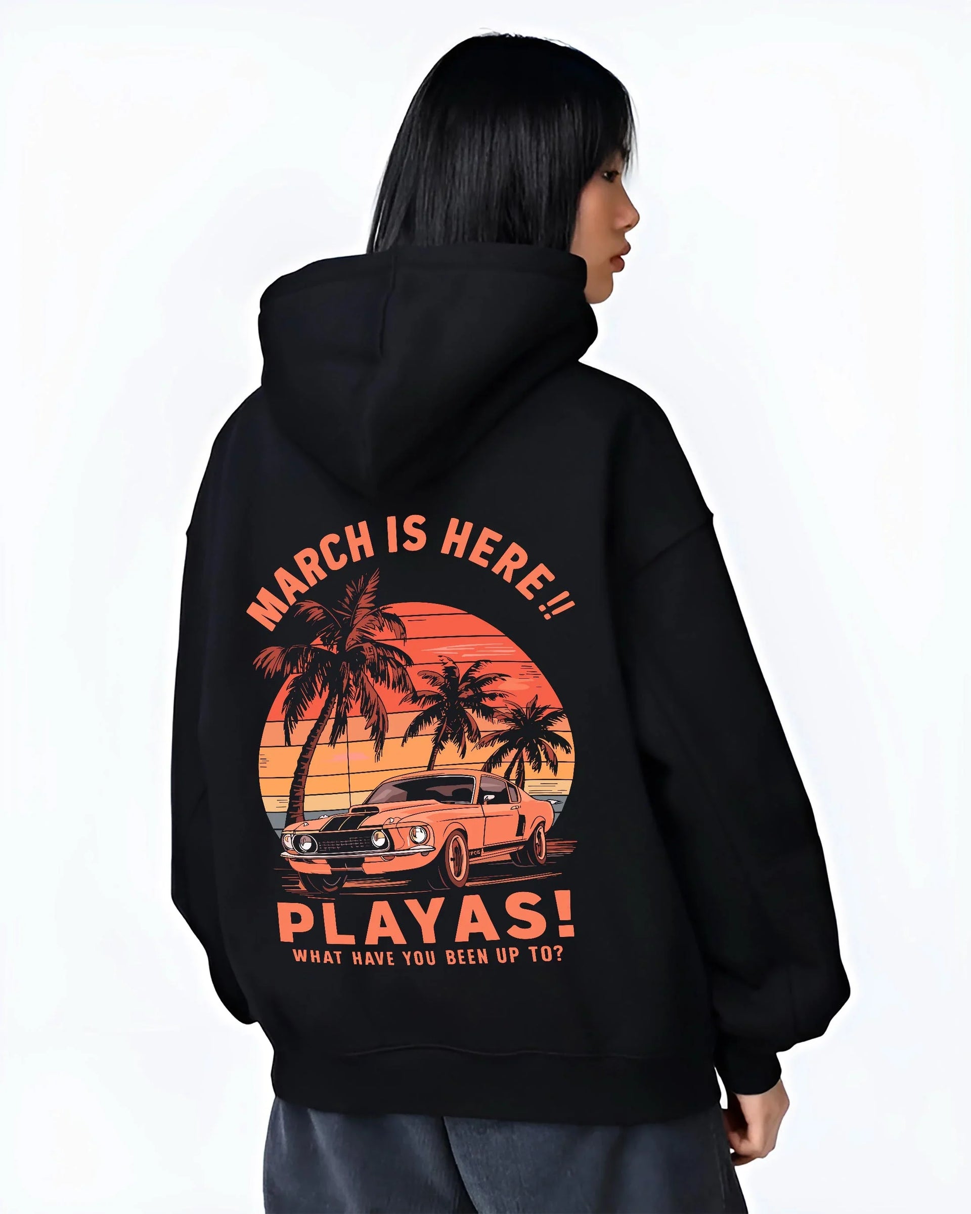 Black hoodie worn by a female model, back view, featuring STI street racing performance motorsport automotive enthusiast playas.