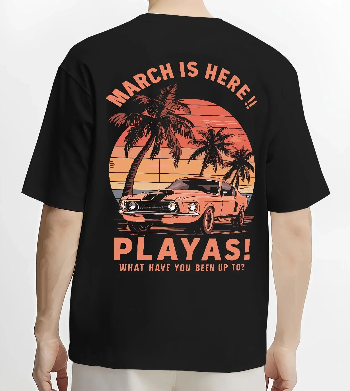 Black T-shirt worn by a male model, back view, featuring STI street racing performance motorsport automotive enthusiast playas.