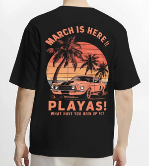 Black T-shirt worn by a male model, back view, featuring STI street racing performance motorsport automotive enthusiast playas.