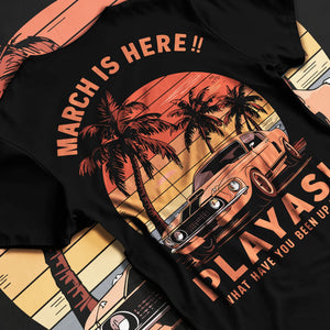 Black T-shirt laid flat with natural fabric folds, featuring STI street racing performance motorsport automotive enthusiast playas.