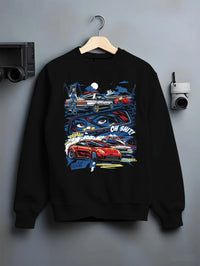 Black crewneck sweatshirt on a hanger against a grey wall, featuring STI street racing performance motorsport automotive police.
